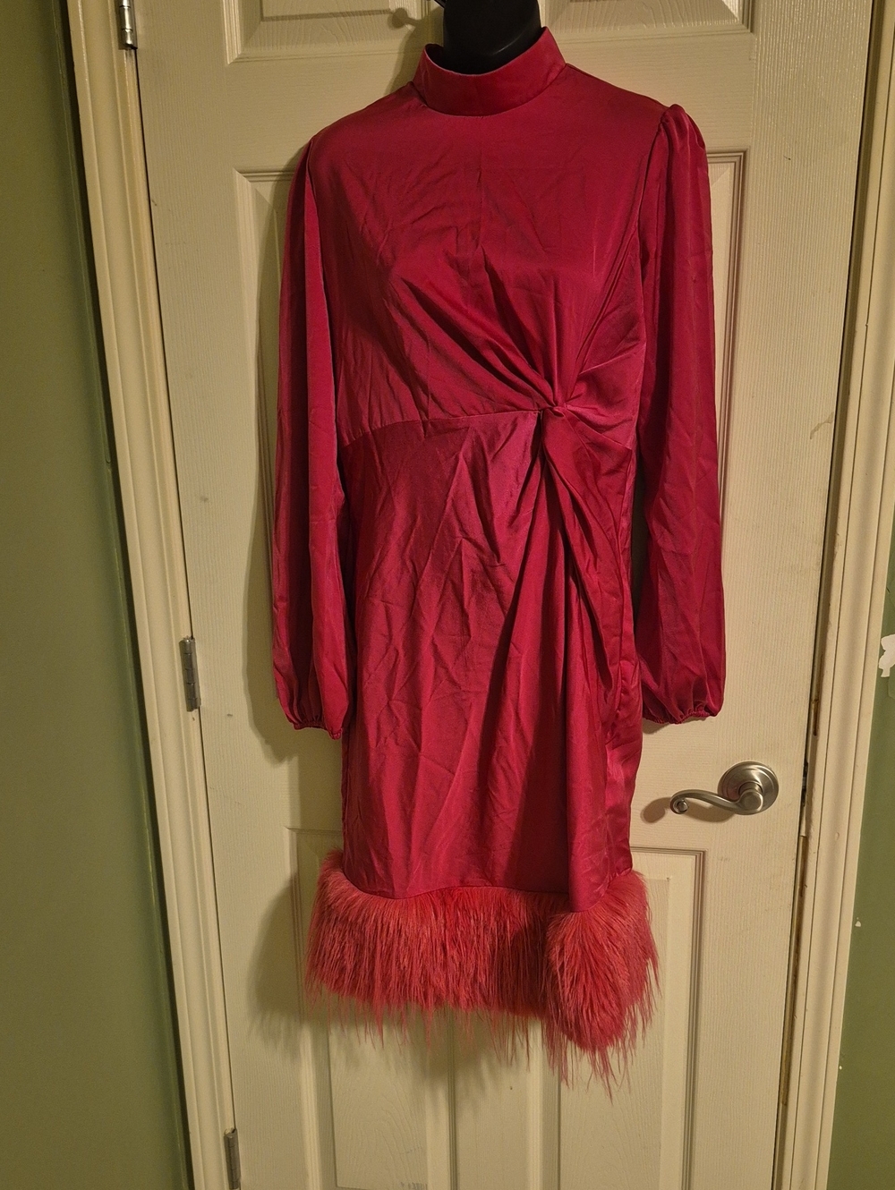 Long-Sleeve Twist-Detail Hot Pink Dress with Feather Hem